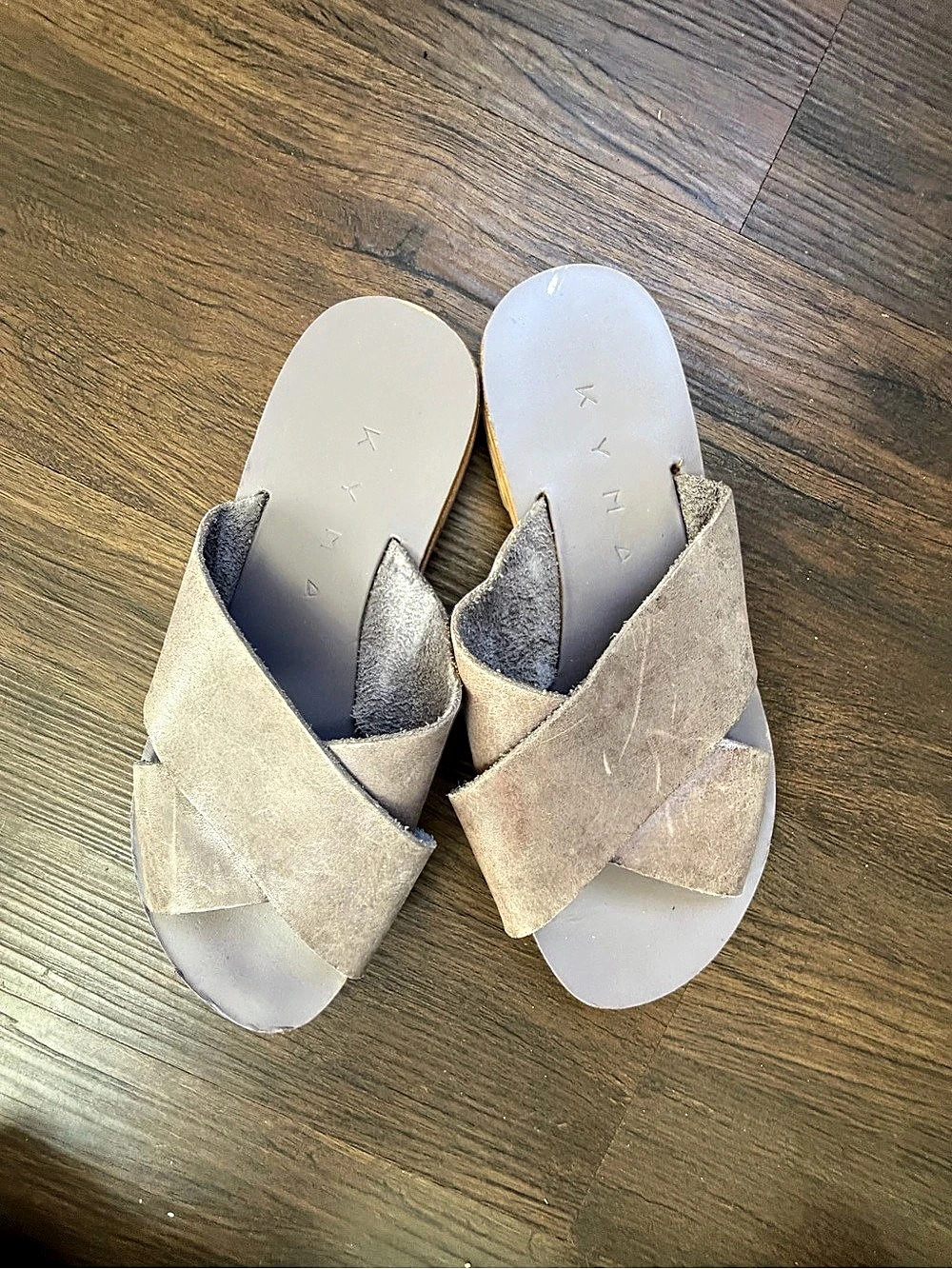 K Y M A Cross-Strap Slide Sandals in Gray